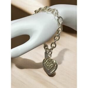 Y2K Coach 925 Sterling Silver Double Heart Pendant Link Bracelet